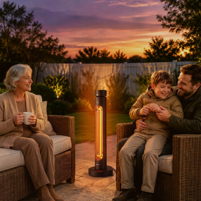 Black patio heater warming a family group on a patio at sunset