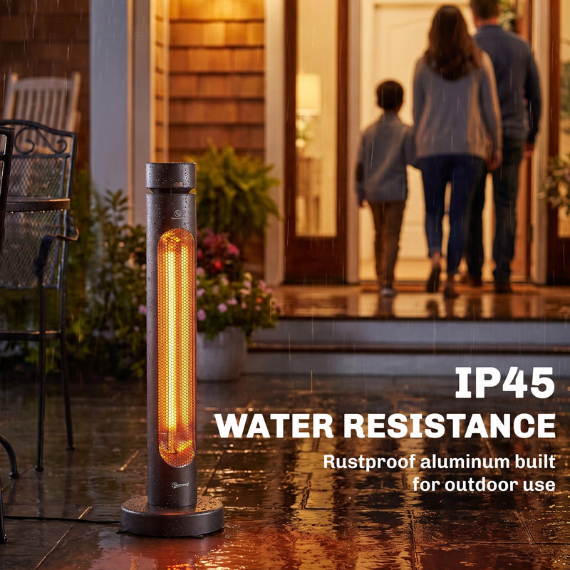 Black patio heater in the rain, showing IP45 weatherproof aluminium body