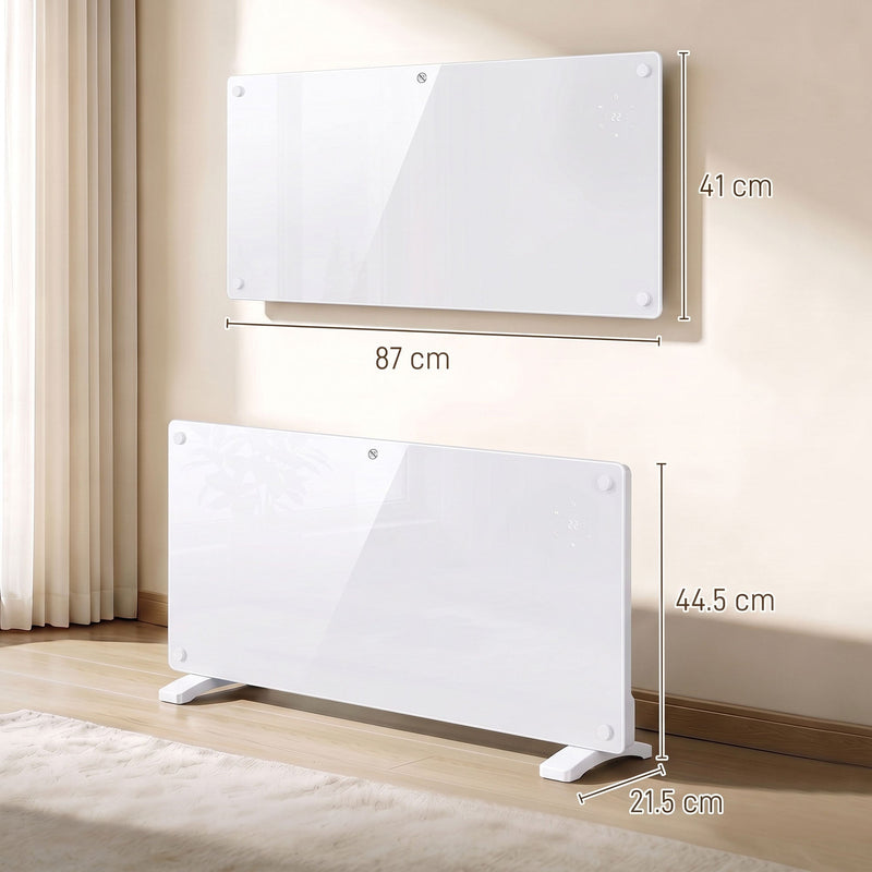 Dimensions diagram comparing wall-mounted 87 x 41 cm and freestanding 87 x 44.5 x 21.5 cm sizes