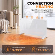 Convection heating graphic showing 5-35C temperature range and 15-22 square metre coverage area