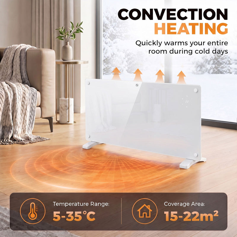 Convection heating graphic showing 5-35C temperature range and 15-22 square metre coverage area