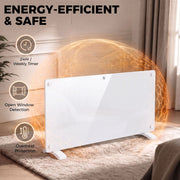 Energy-efficient and safe graphic showing 24hr weekly timer, open window detection and overheat protection