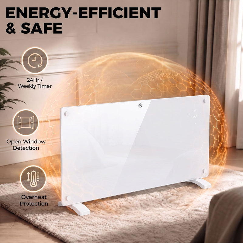 Energy-efficient and safe graphic showing 24hr weekly timer, open window detection and overheat protection