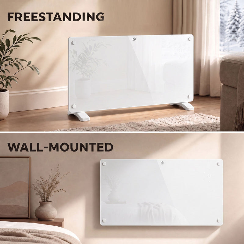 Freestanding and wall-mounted installation options shown side by side