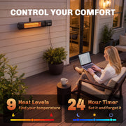 Black wall-mounted patio heater with 9 heat levels and a 24-hour timer display