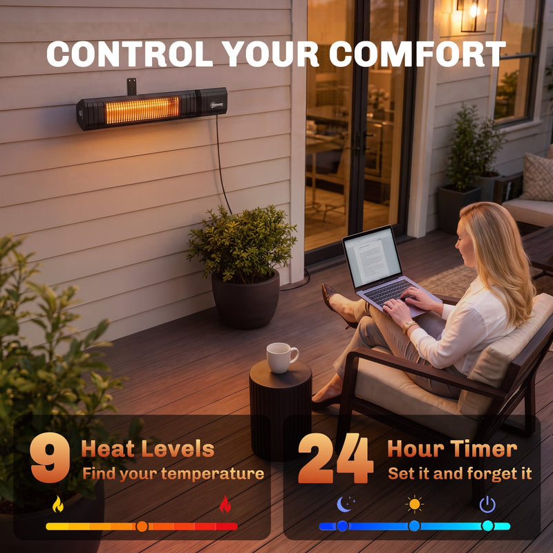 Black wall-mounted patio heater with 9 heat levels and a 24-hour timer display