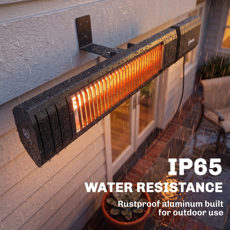 Black wall-mounted patio heater in the rain, showing IP65 weatherproof aluminium body