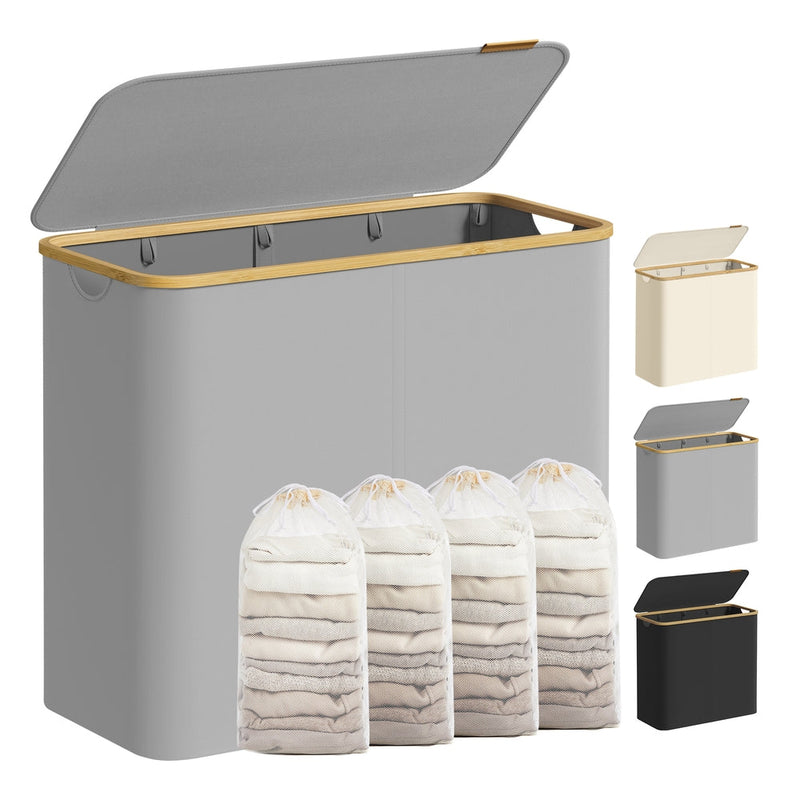 Dove Grey laundry basket with the lid open, bamboo rim and 4 filled mesh liners beside it