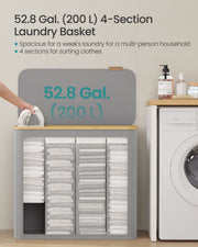 All 4 sections filled with folded laundry, labelled 200 litre capacity