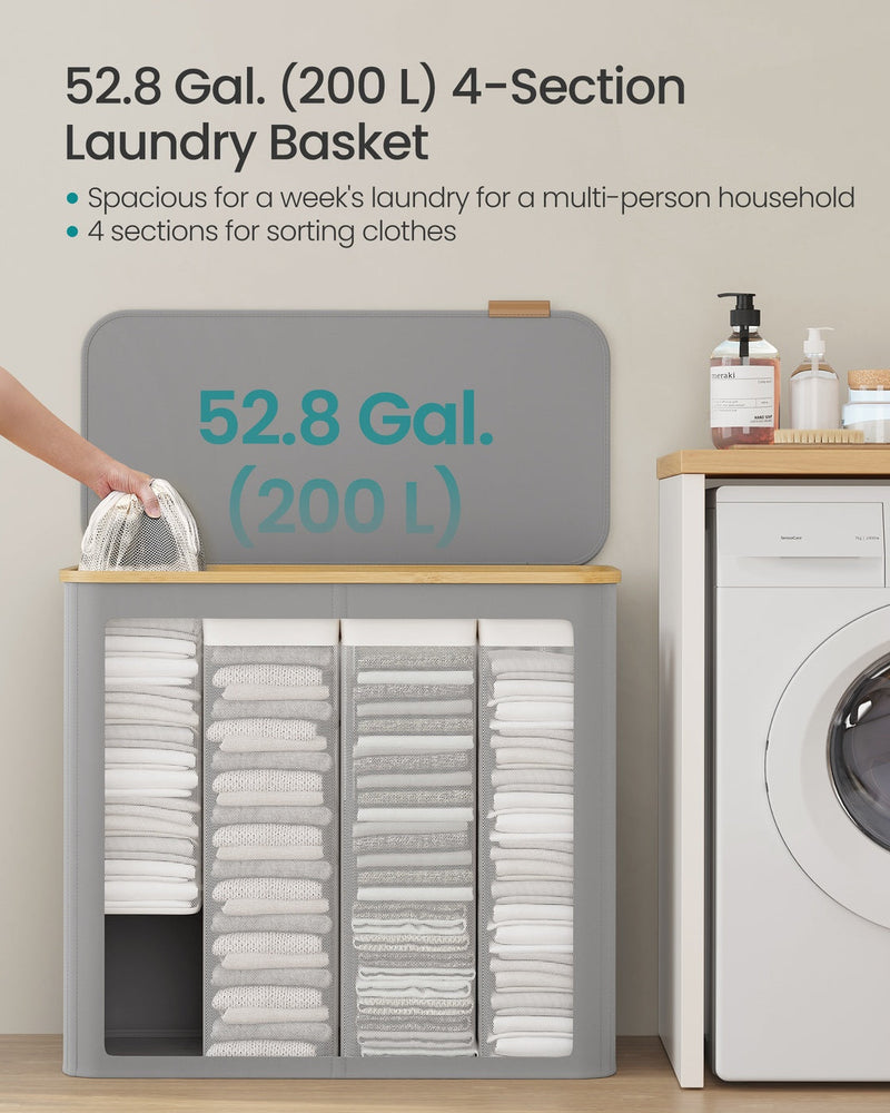 All 4 sections filled with folded laundry, labelled 200 litre capacity