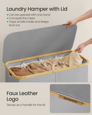 Lid opened with one hand, plus the faux leather logo tab that acts as the handle