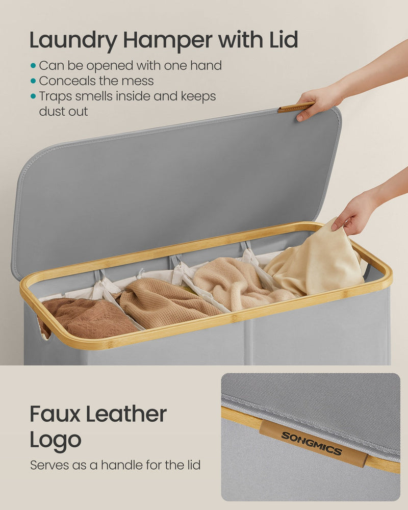 Lid opened with one hand, plus the faux leather logo tab that acts as the handle