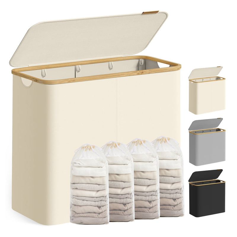Cream white Songmics laundry basket with bamboo lid beside its 4 removable liners and 3 colour options