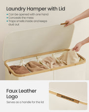 Hands opening the hinged lid to reveal the fabric dividers and towels inside the basket