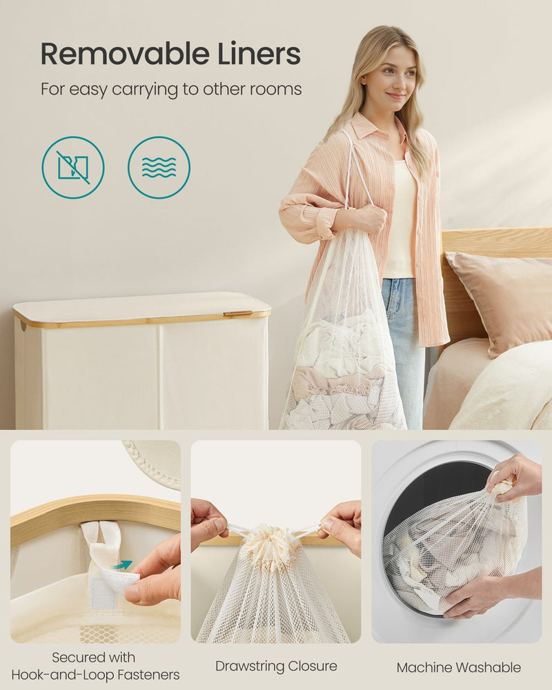 Woman carrying a removable mesh liner full of washing, with drawstring and machine wash details