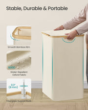 Close-ups of the smooth bamboo rim, water repellent 600D Oxford fabric and the lid handle