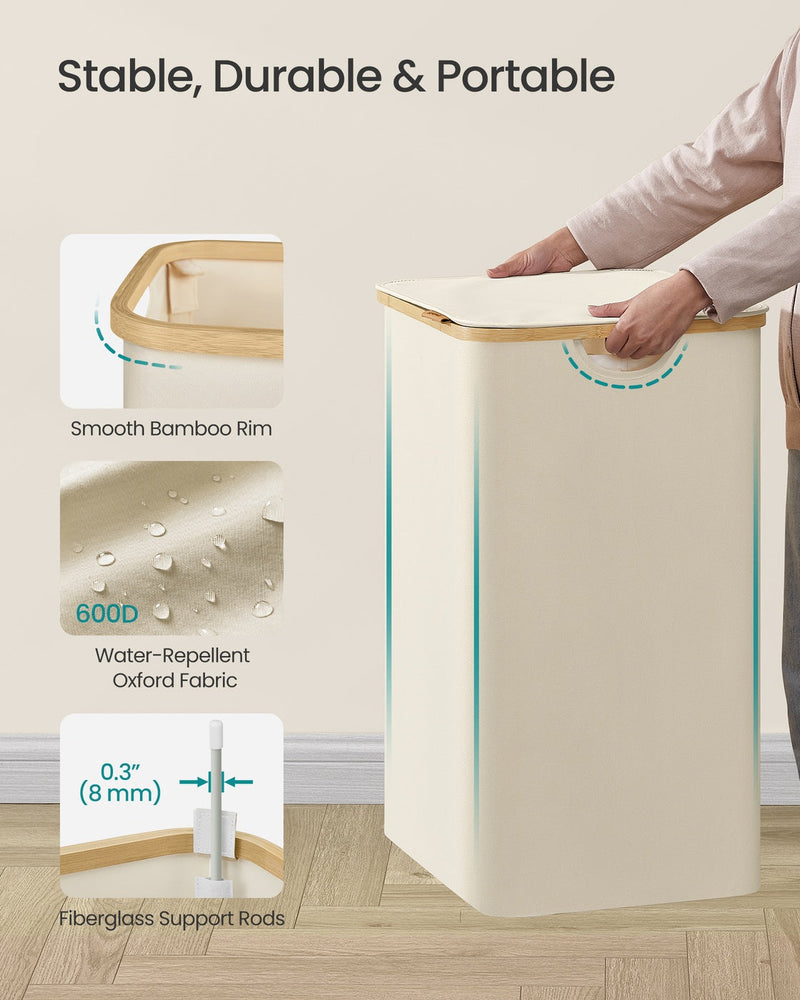 Close-ups of the smooth bamboo rim, water repellent 600D Oxford fabric and the lid handle