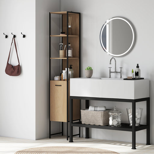 Tall Wooden Bathroom Cabinet with Open Storage and Adjustable Shelf for Organised Spaces