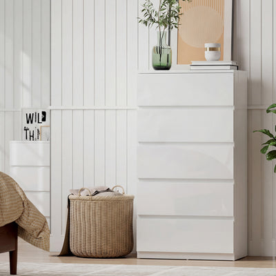 Chest of Drawers with 5 Spacious Handleless Storage Drawers for Bedroom Organisation High Gloss White Homcom