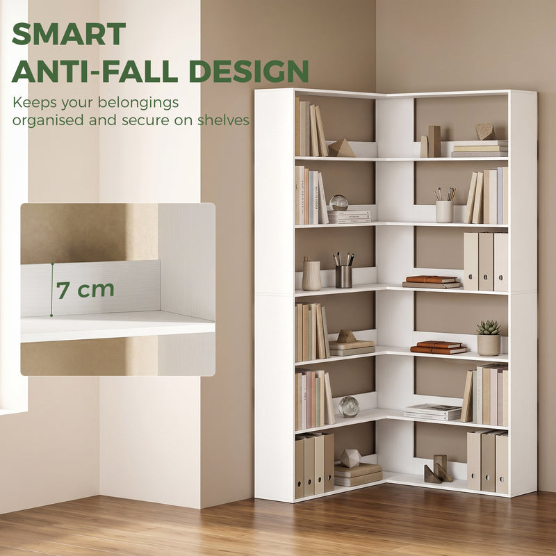 Corner Bookcase with 7 Open Shelves for Small Room Storage White Wood Effect