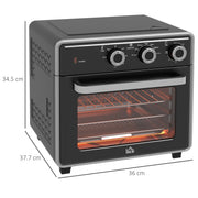 Dimension diagram showing the oven measures 36W x 37.7D x 34.5H cm