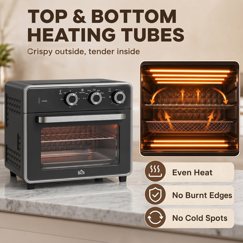 Cutaway view of the oven cavity showing the top and bottom heating tubes glowing