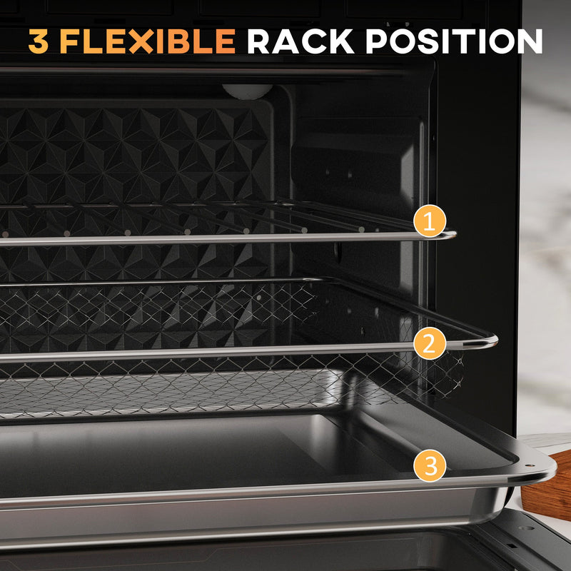 Oven interior showing the three rack positions for the wire rack, fry basket and baking pan