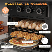 Accessories included graphic showing the baking tray, crumb tray, fry basket, wire rack and tray handle