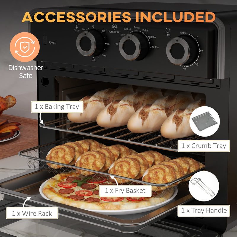 Accessories included graphic showing the baking tray, crumb tray, fry basket, wire rack and tray handle