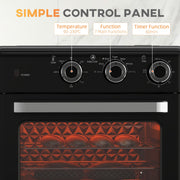 Control panel close-up labelled with the temperature, function and 60-minute timer dials
