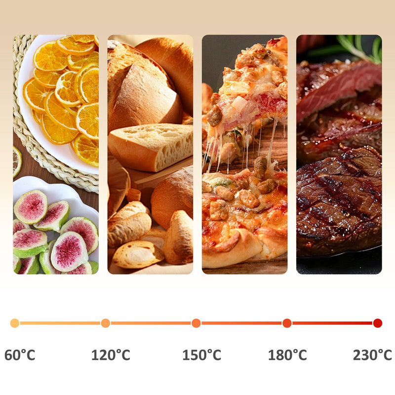Food temperature guide showing dried fruit, bread, pizza and steak across the 60-230°C range