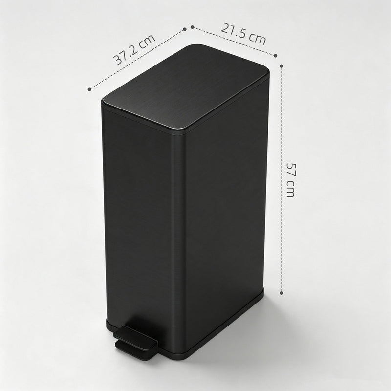 Black 20L slim stainless steel pedal bin with 21.5 cm, 37.2 cm and 57 cm dimensions labelled