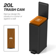 Black 20L slim stainless steel pedal bin with a 20L capacity and narrow design graphic, lid open