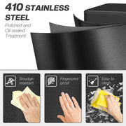 Black 20L slim stainless steel pedal bin showing the 410 stainless steel finish and wipe-clean test