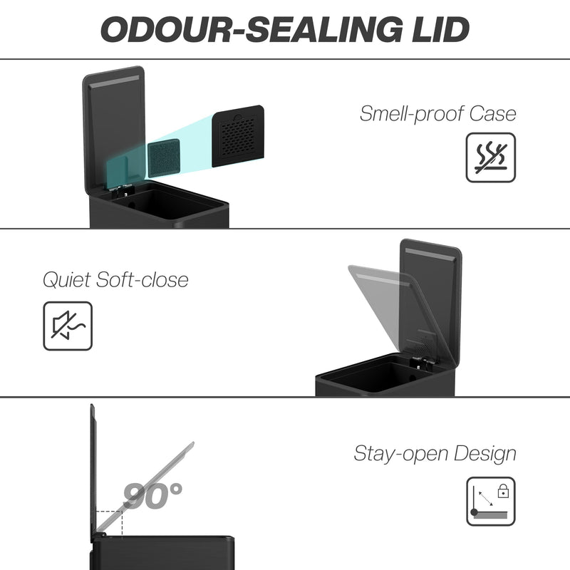 Black 20L slim stainless steel pedal bin showing the odour-sealing, soft-close and stay-open lid