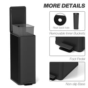 Black 20L slim stainless steel pedal bin with removable inner bucket, foot pedal and non-slip base details