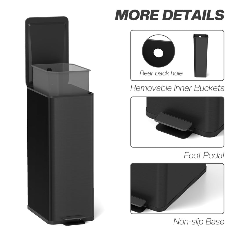 Black 20L slim stainless steel pedal bin with removable inner bucket, foot pedal and non-slip base details