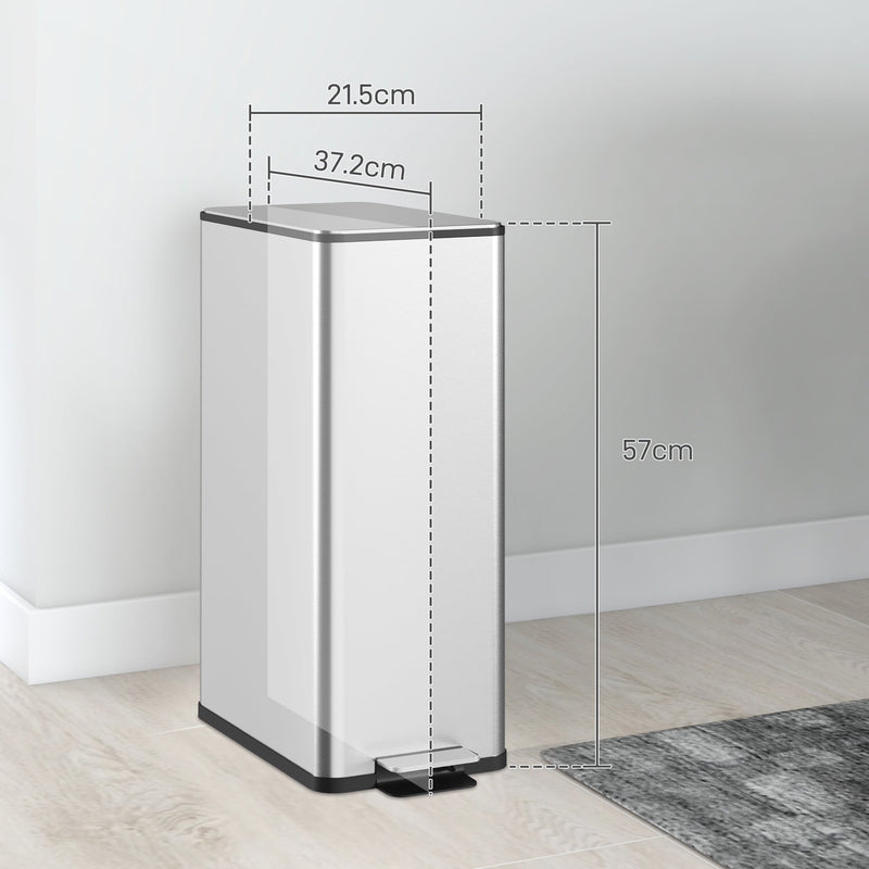 Silver 20L slim stainless steel pedal bin with 21.5 cm, 37.2 cm and 57 cm dimensions labelled in a room