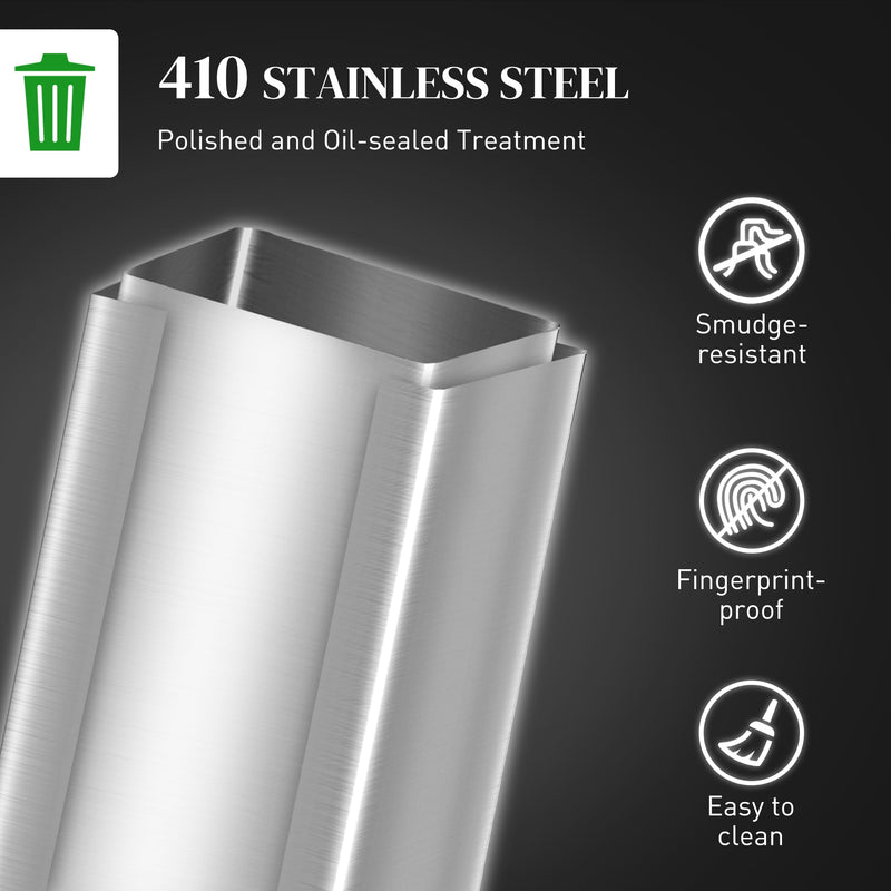 Silver 20L slim stainless steel pedal bin showing the 410 stainless steel finish and wipe-clean icons