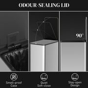 Silver 20L slim stainless steel pedal bin showing the odour-sealing, soft-close and stay-open lid