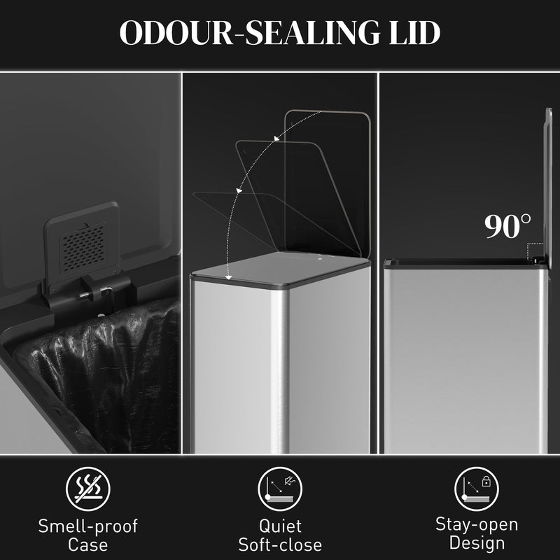 Silver 20L slim stainless steel pedal bin showing the odour-sealing, soft-close and stay-open lid