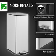 Silver 20L slim stainless steel pedal bin with removable inner bucket, foot pedal and non-slip base details
