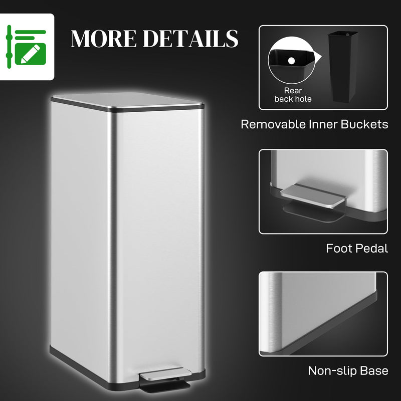 Silver 20L slim stainless steel pedal bin with removable inner bucket, foot pedal and non-slip base details