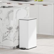 White 20L slim stainless steel pedal bin in a marble-topped kitchen island setting