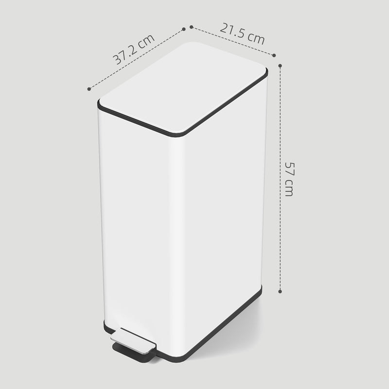 White 20L slim stainless steel pedal bin with 21.5 cm, 37.2 cm and 57 cm dimensions labelled