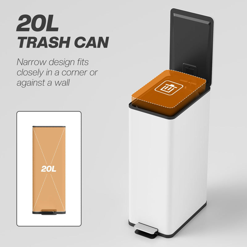 White 20L slim stainless steel pedal bin with a 20L capacity and narrow design graphic, lid open
