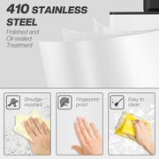 White 20L slim stainless steel pedal bin showing the 410 stainless steel finish and wipe-clean test