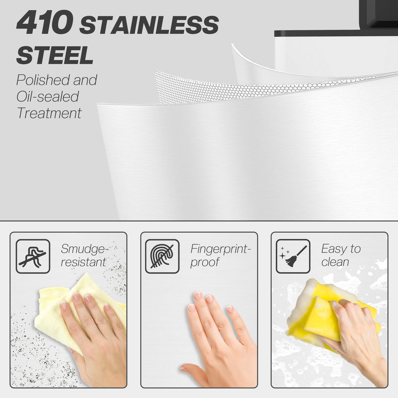 White 20L slim stainless steel pedal bin showing the 410 stainless steel finish and wipe-clean test