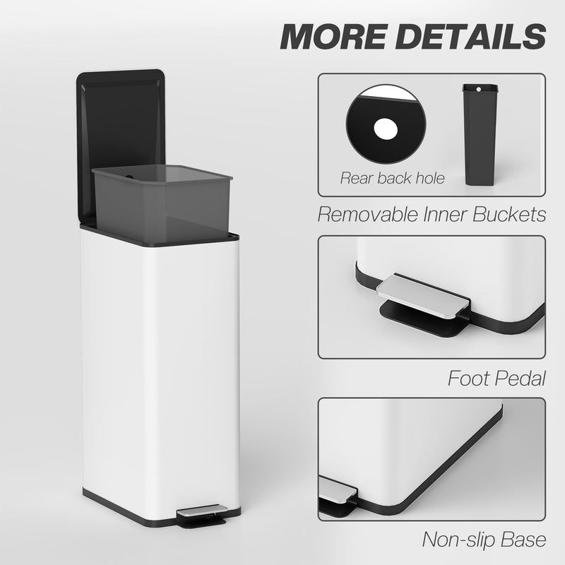 White 20L slim stainless steel pedal bin with removable inner bucket, foot pedal and non-slip base details