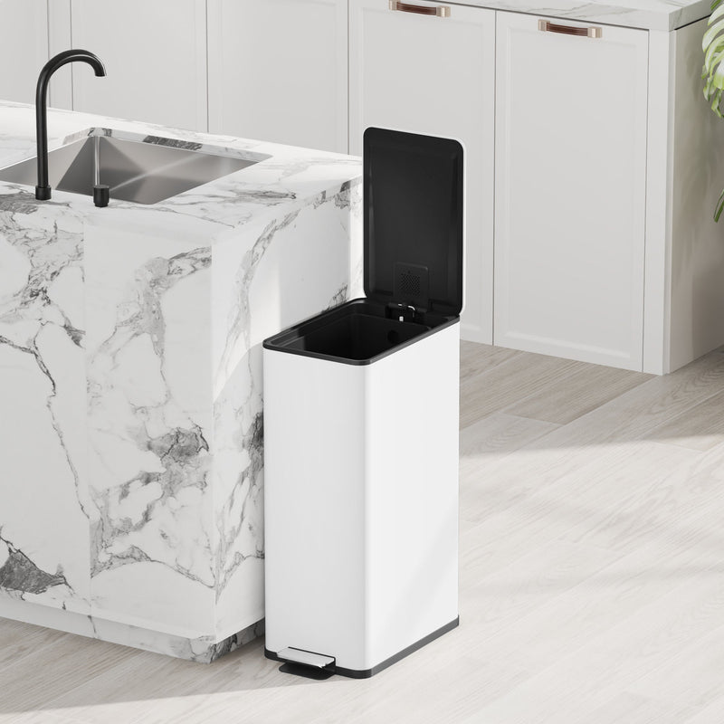 White 20L slim stainless steel pedal bin with the lid open beside a kitchen island